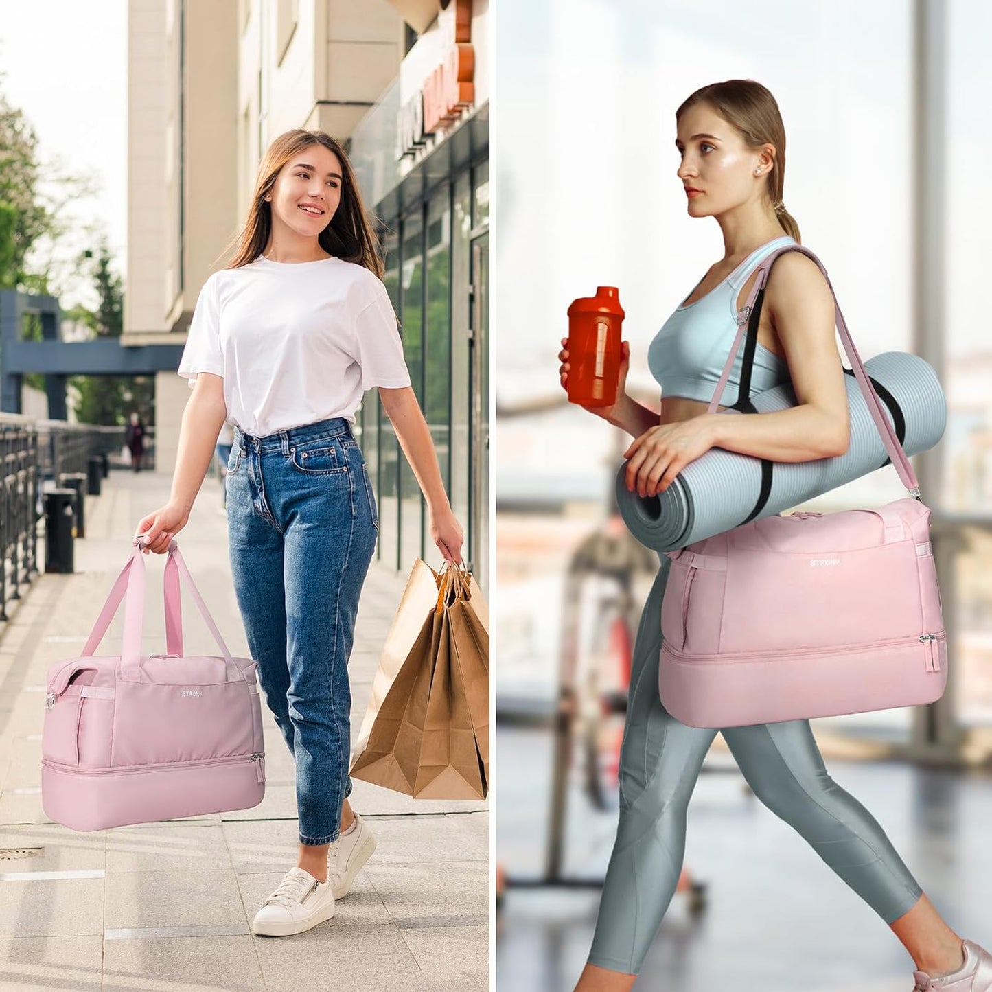 Gym Bag for Women, Sports Travel Duffel Bag with USB Charging Port, Weekender Overnight Bag with Wet Pocket and Shoes Compartment for Women Travel, Gym, Yoga, (Pink)
