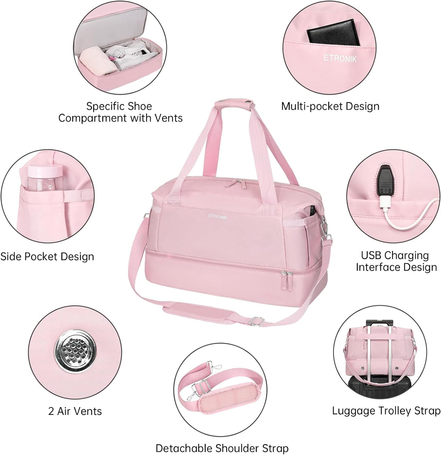 Gym Bag for Women, Sports Travel Duffel Bag with USB Charging Port, Weekender Overnight Bag with Wet Pocket and Shoes Compartment for Women Travel, Gym, Yoga, (Pink)