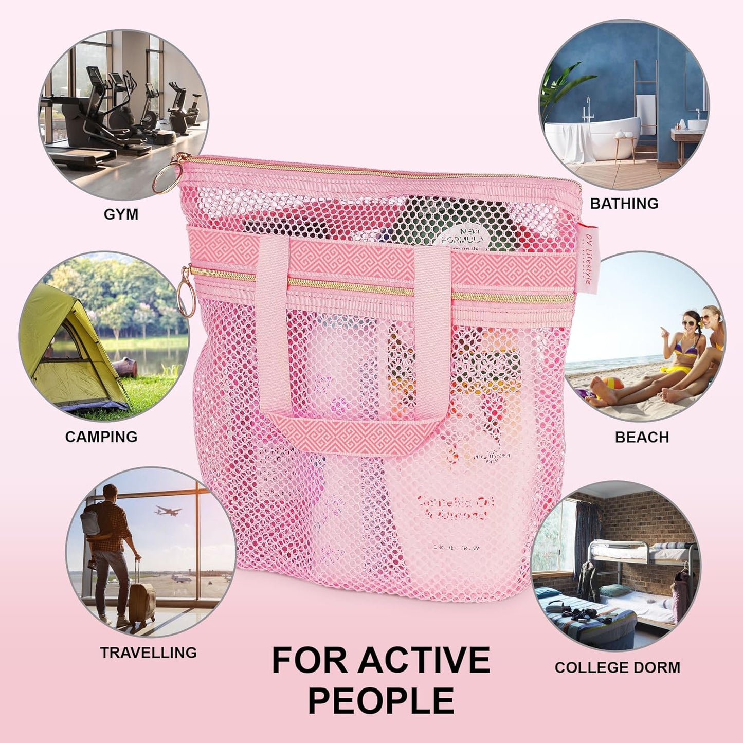 Mesh Shower Caddy Portable 10.2X9.9'' Shower Bag with Zipper & 2 Pockets. Shower Tote Ideal for Gym, Travel, Camp, Beach, for Sunscreen, Dorm & College Essentials (Pink)