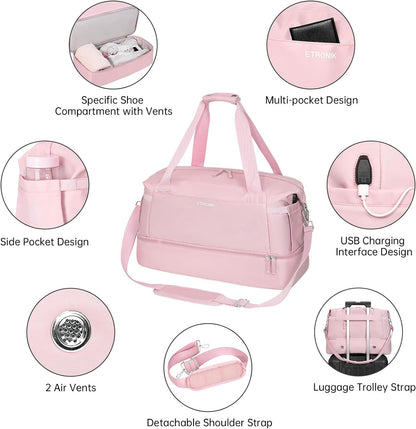 Gym Bag for Women, Sports Travel Duffel Bag with USB Charging Port, Weekender Overnight Bag with Wet Pocket and Shoes Compartment for Women Travel, Gym, Yoga, (Pink)