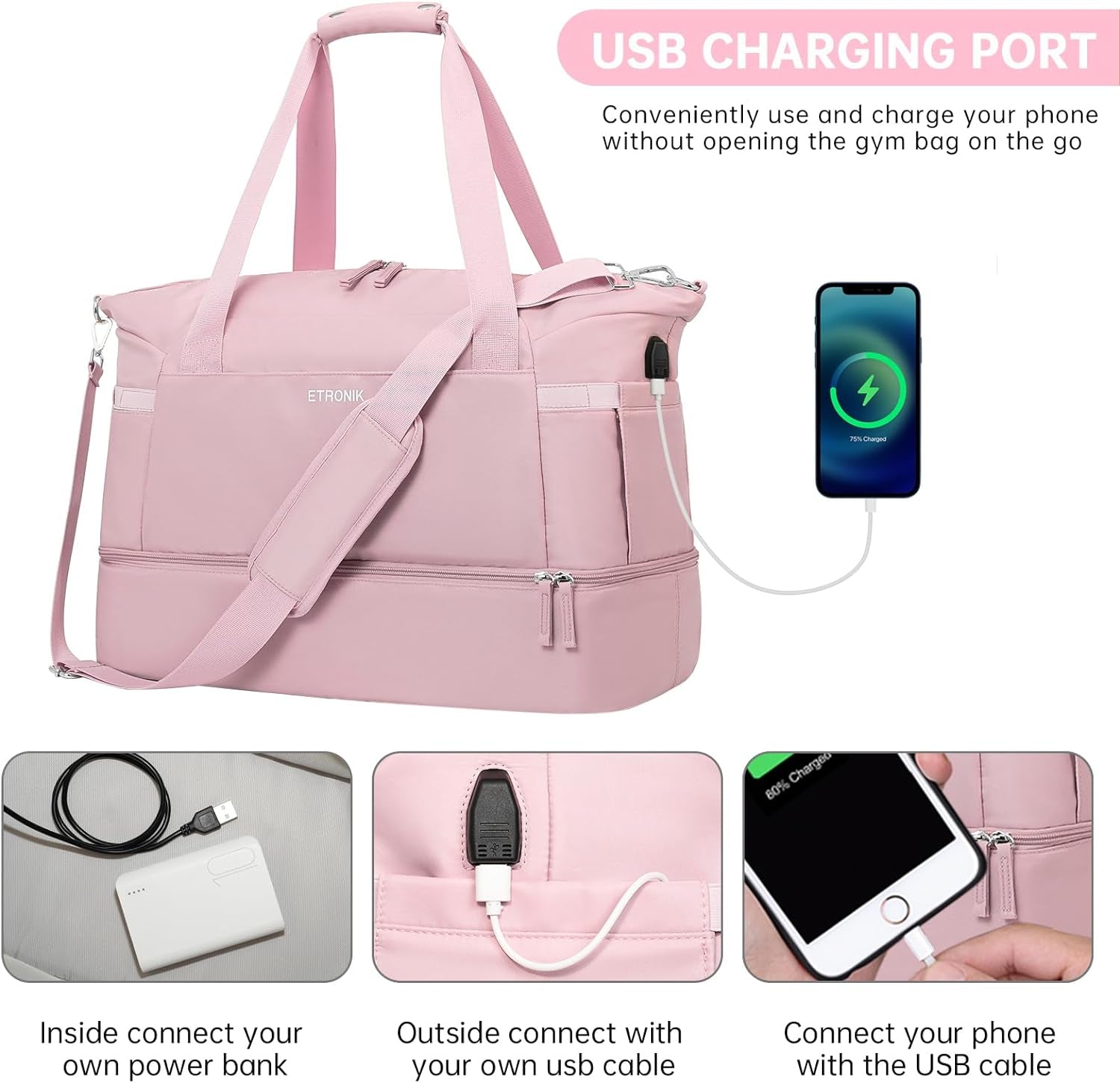Gym Bag for Women, Sports Travel Duffel Bag with USB Charging Port, Weekender Overnight Bag with Wet Pocket and Shoes Compartment for Women Travel, Gym, Yoga, (Pink)